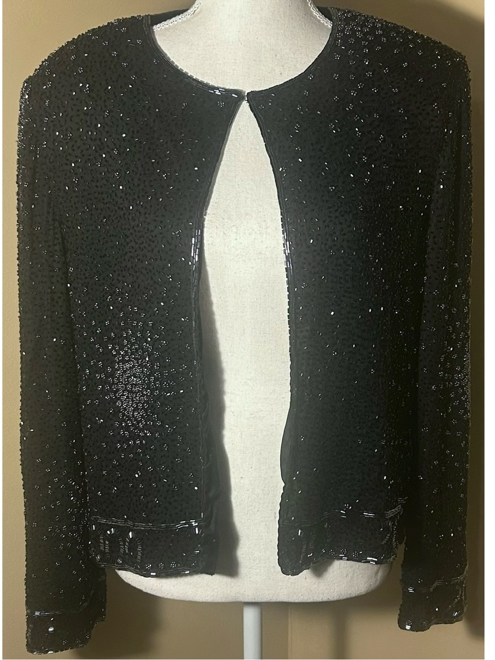 VINTAGE 90s Size L Papell Boutique Evening Black Silk Beaded Sunburst Jacket